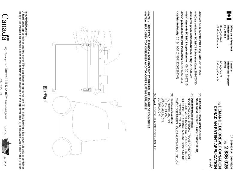 Canadian Patent Document 2886025. Cover Page 20150414. Image 1 of 2