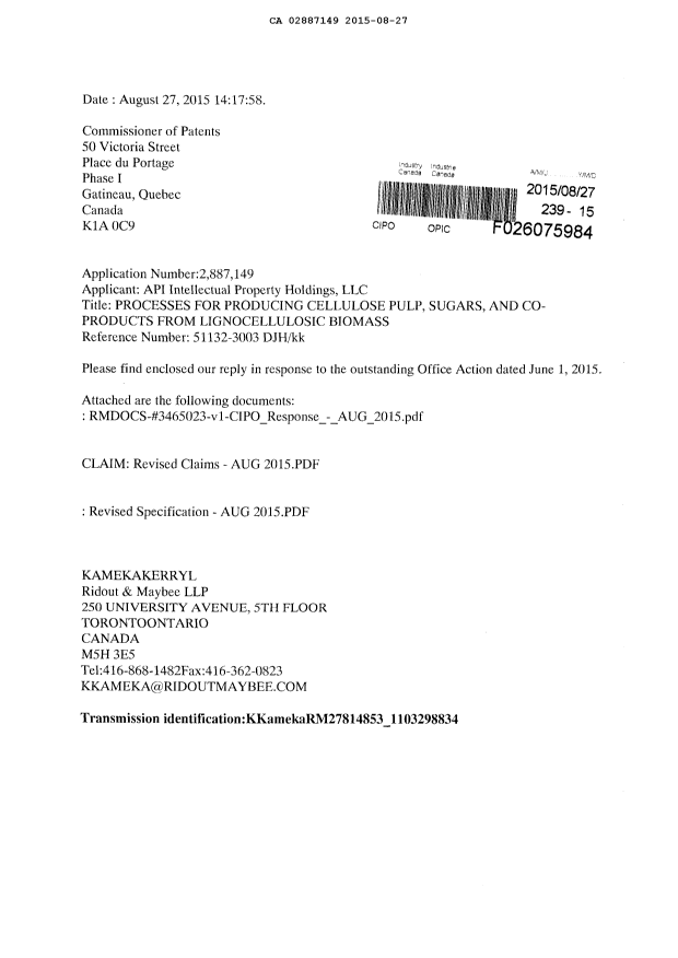 Canadian Patent Document 2887149. Prosecution-Amendment 20141227. Image 1 of 36