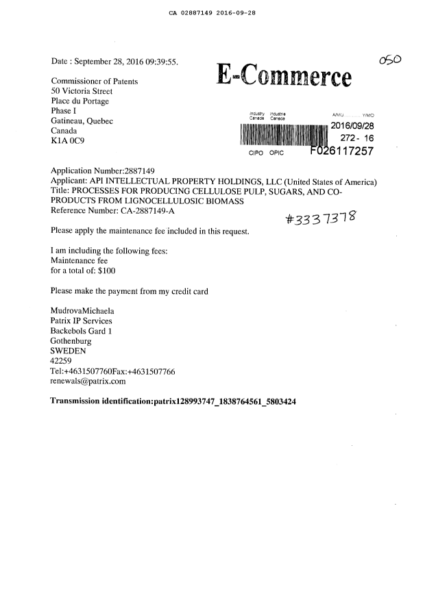 Document de brevet canadien 2887149. Taxes 20151228. Image 1 de 1