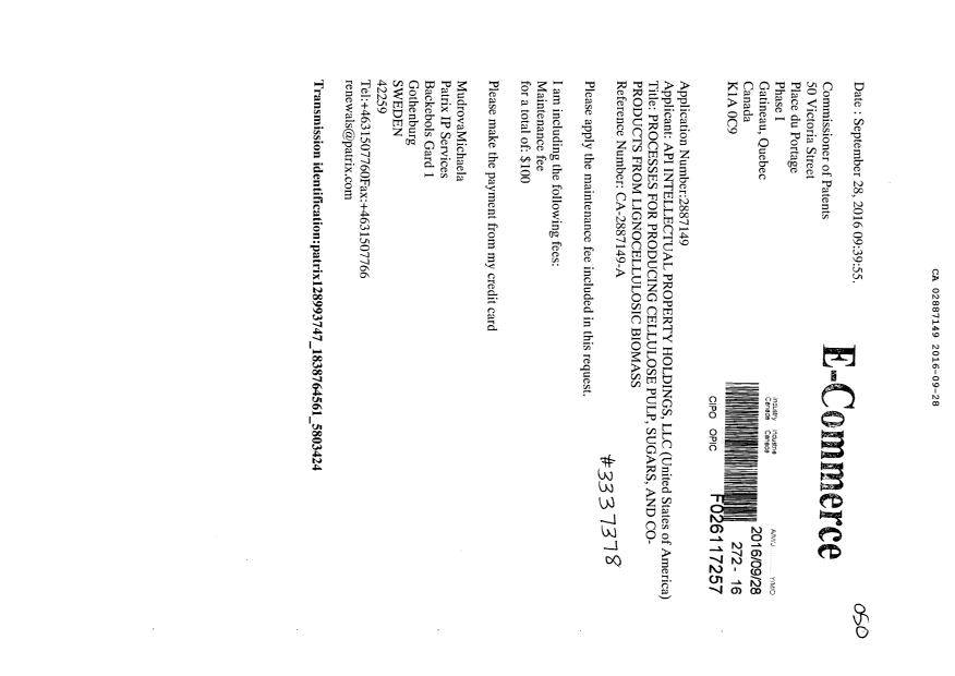 Document de brevet canadien 2887149. Taxes 20151228. Image 1 de 1