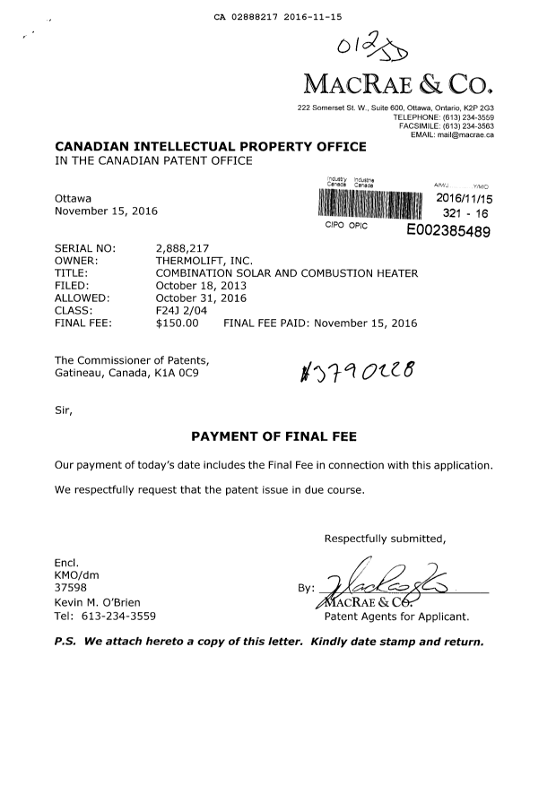 Canadian Patent Document 2888217. Final Fee 20161115. Image 1 of 1