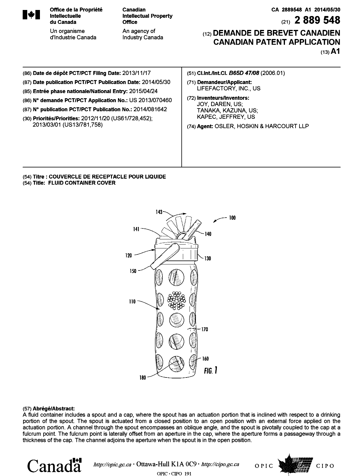 Canadian Patent Document 2889548. Cover Page 20150602. Image 1 of 1