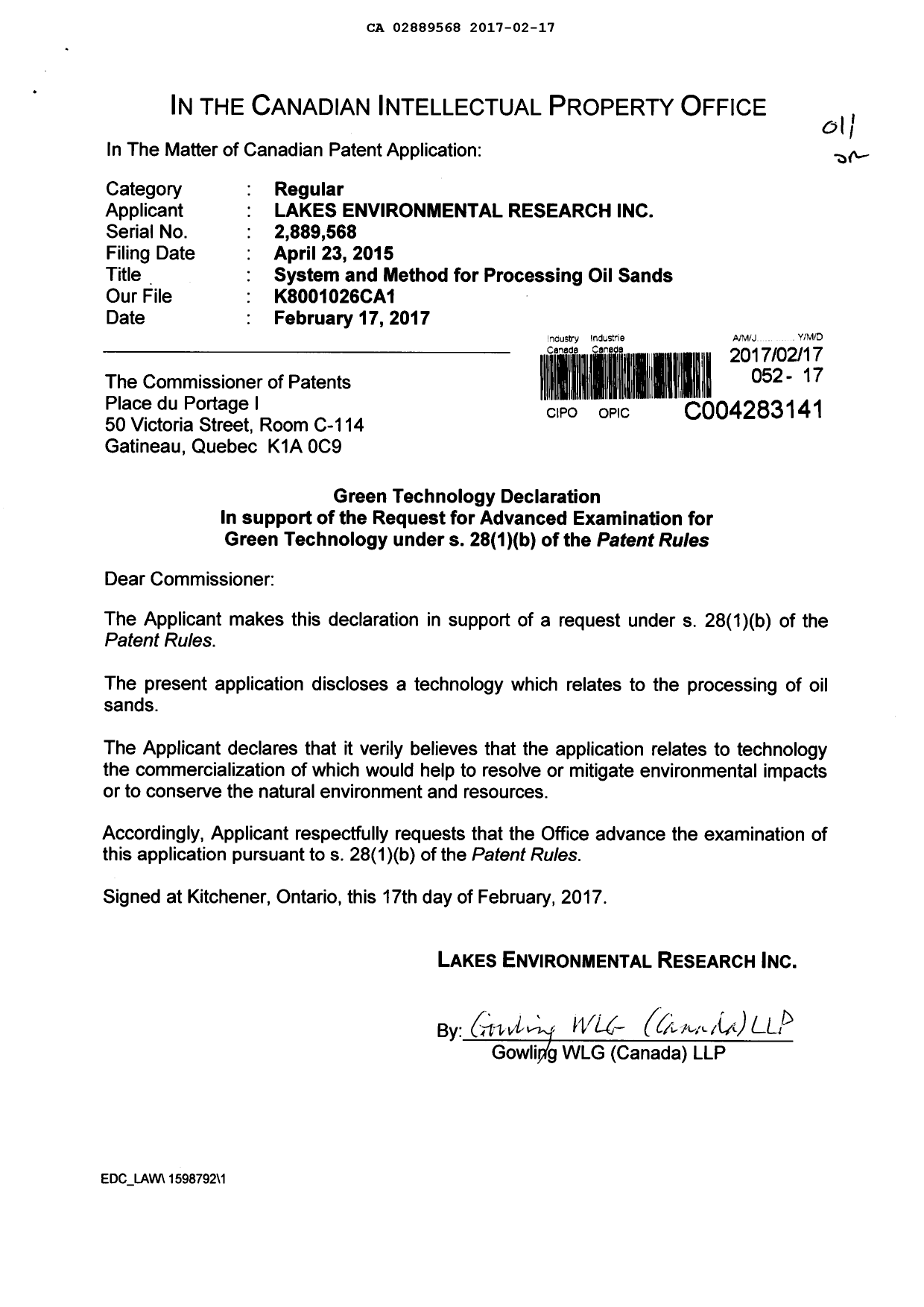 Document de brevet canadien 2889568. Poursuite-Amendment 20161217. Image 1 de 2