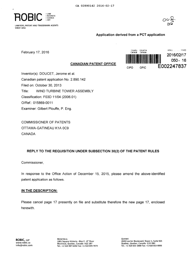 Document de brevet canadien 2890142. Poursuite-Amendment 20151217. Image 1 de 15