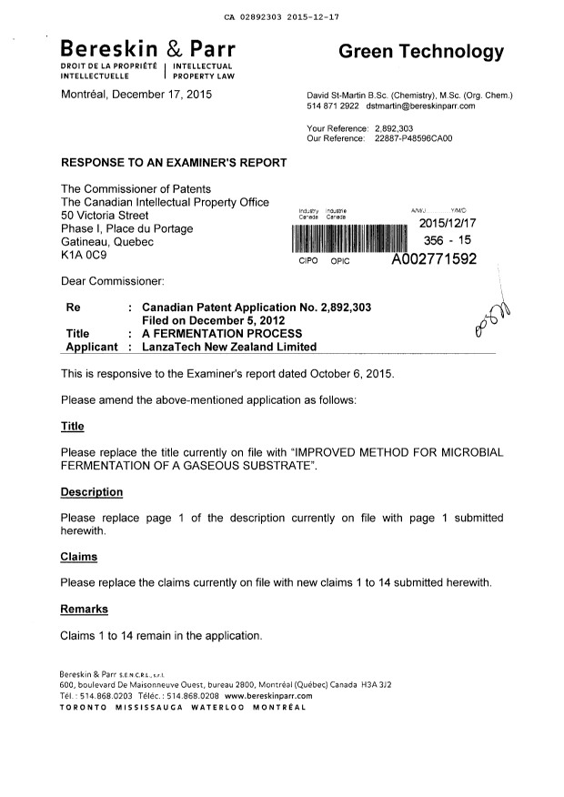 Canadian Patent Document 2892303. Prosecution-Amendment 20141217. Image 1 of 7