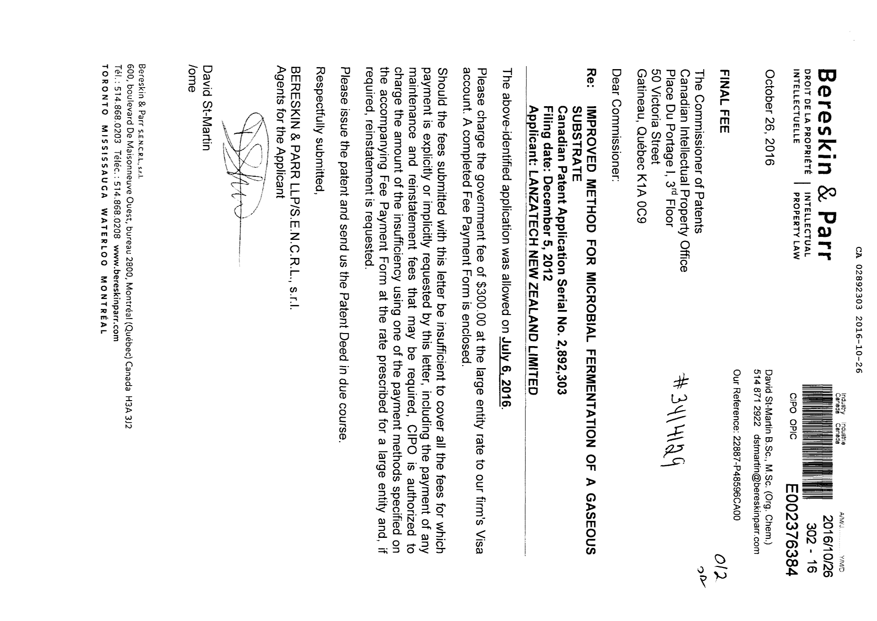 Document de brevet canadien 2892303. Correspondance 20151226. Image 1 de 1