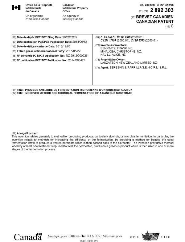 Document de brevet canadien 2892303. Page couverture 20151229. Image 1 de 1
