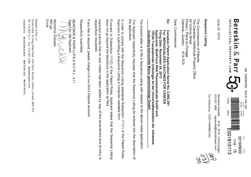 Document de brevet canadien 2892391. Listage de séquences - Modification 20150622. Image 1 de 1