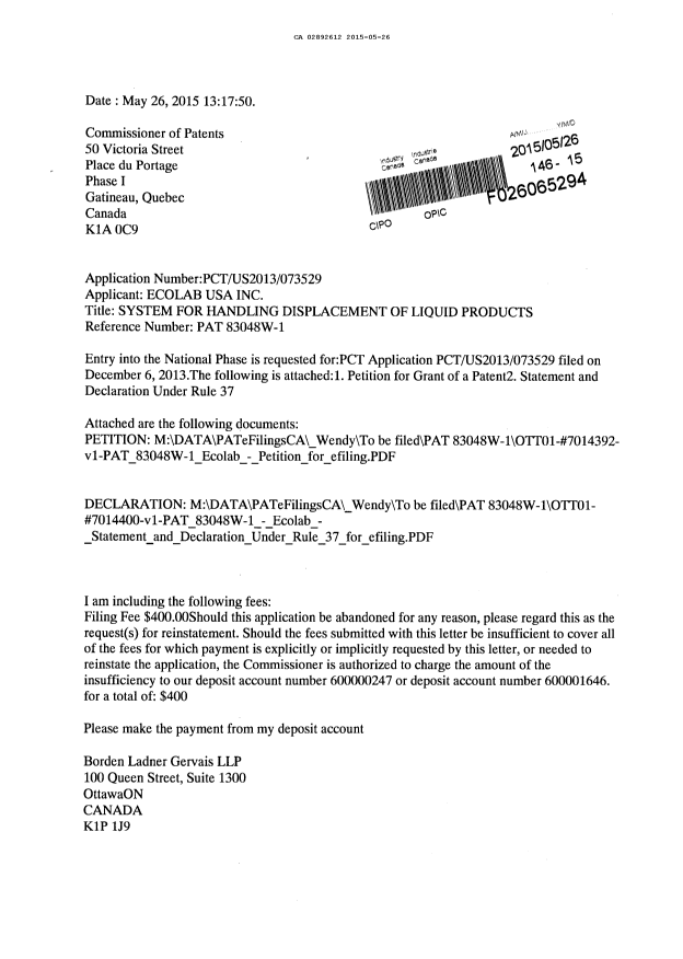 Document de brevet canadien 2892612. Cession 20150526. Image 1 de 5