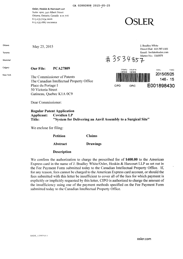 Document de brevet canadien 2892808. Cession 20150525. Image 1 de 3
