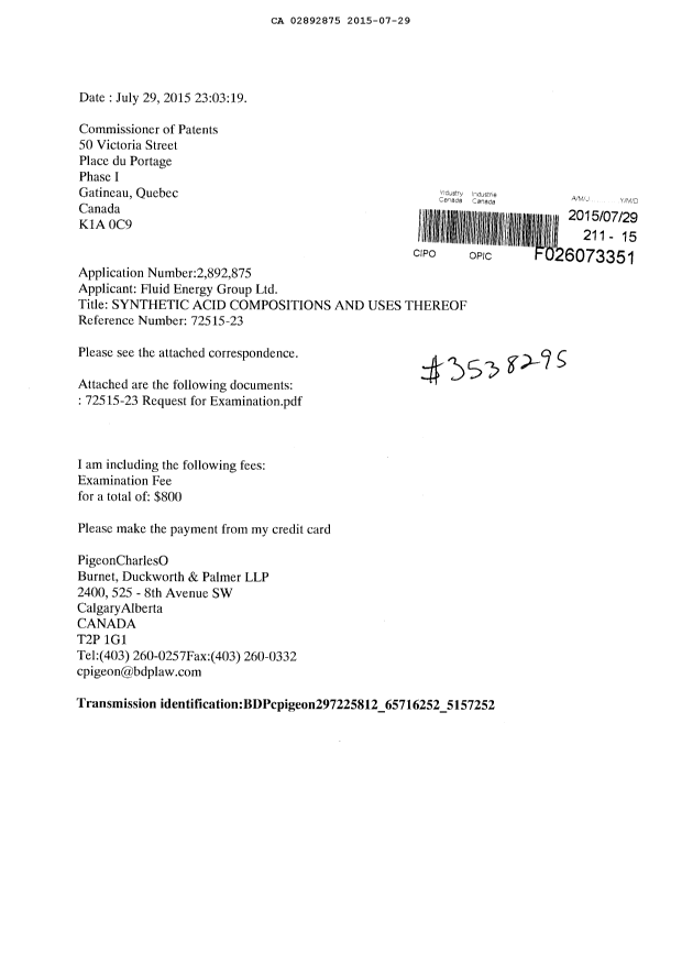 Document de brevet canadien 2892875. Requête d'examen 20150729. Image 1 de 2