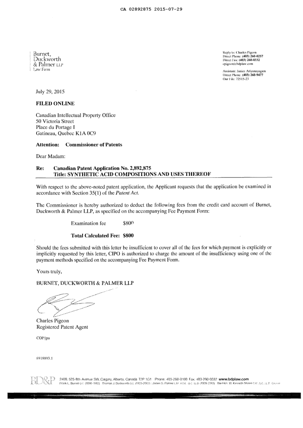 Document de brevet canadien 2892875. Requête d'examen 20150729. Image 2 de 2