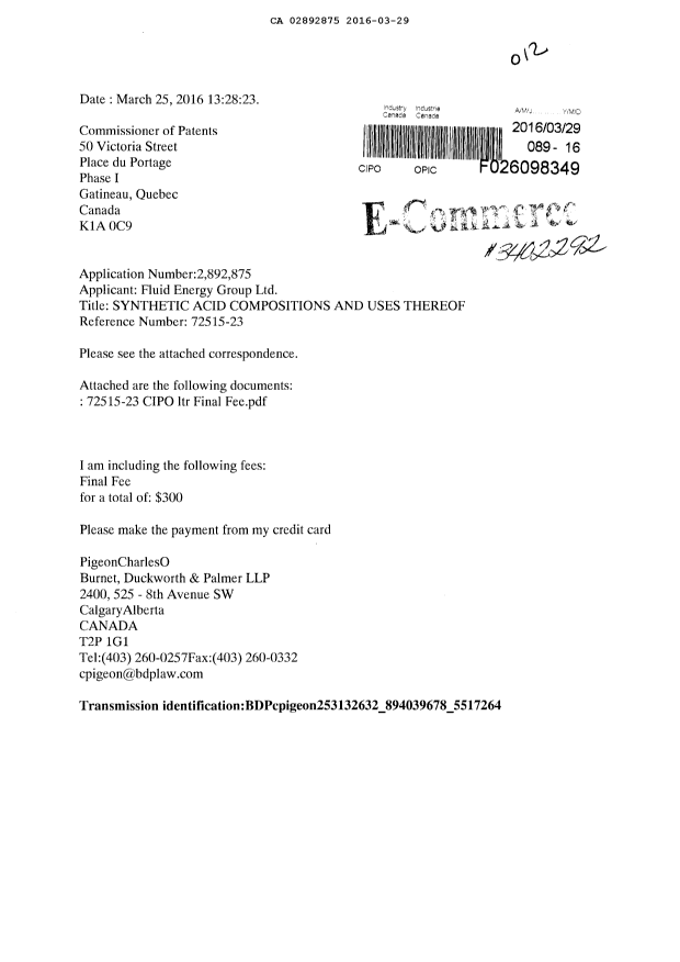 Document de brevet canadien 2892875. Correspondance 20151229. Image 1 de 2