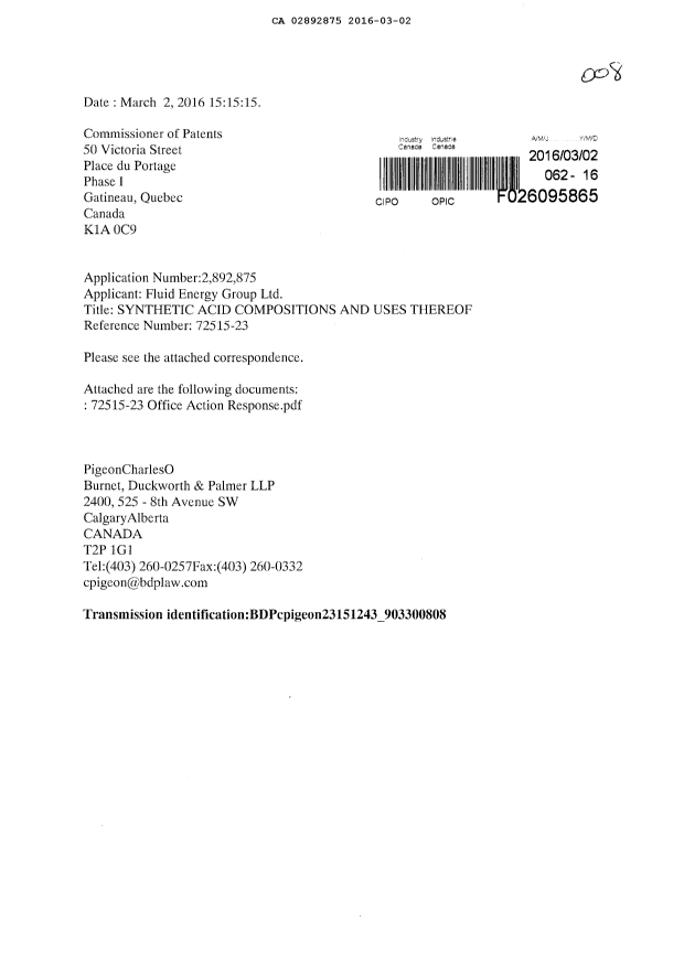 Document de brevet canadien 2892875. Modification 20160302. Image 1 de 7