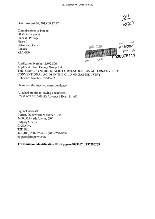 Document de brevet canadien 2892876. Correspondance 20141220. Image 1 de 3