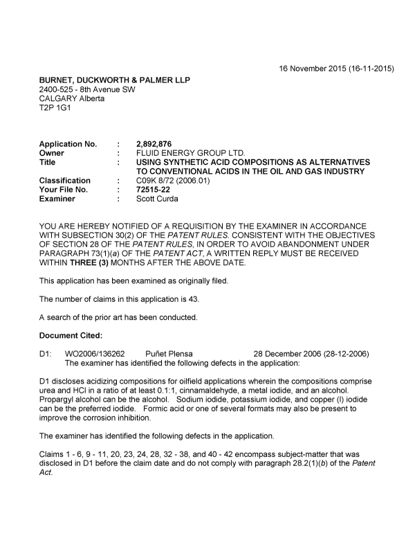 Document de brevet canadien 2892876. Demande d'examen 20151116. Image 1 de 5