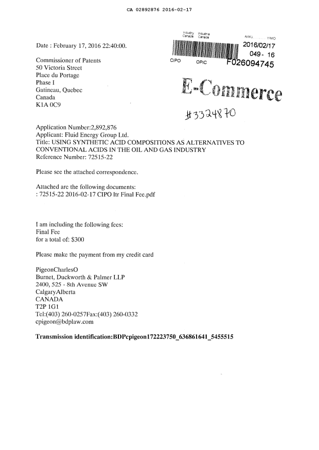 Document de brevet canadien 2892876. Correspondance 20151217. Image 1 de 2
