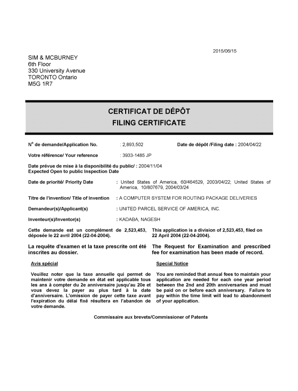 Canadian Patent Document 2893502. Divisional - Filing Certificate 20150615. Image 1 of 1