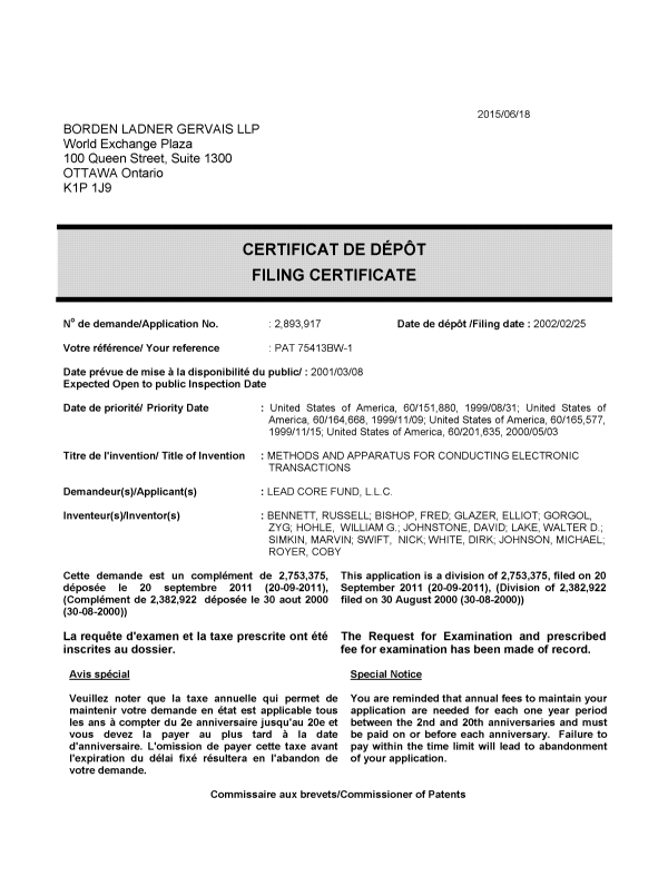 Document de brevet canadien 2893917. Complémentaire - Certificat de dépôt 20150618. Image 1 de 1