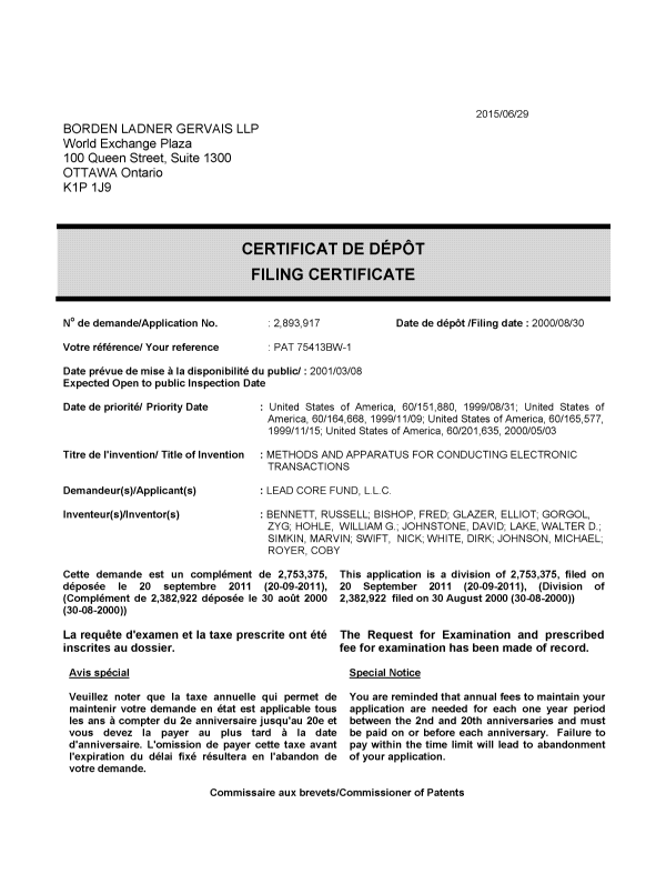 Document de brevet canadien 2893917. Complémentaire - Certificat de dépôt 20150629. Image 1 de 1