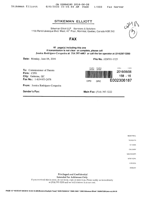 Document de brevet canadien 2894180. Correspondance 20160606. Image 1 de 3