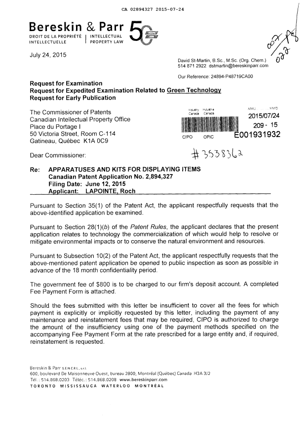 Document de brevet canadien 2894327. Correspondance 20141224. Image 1 de 2