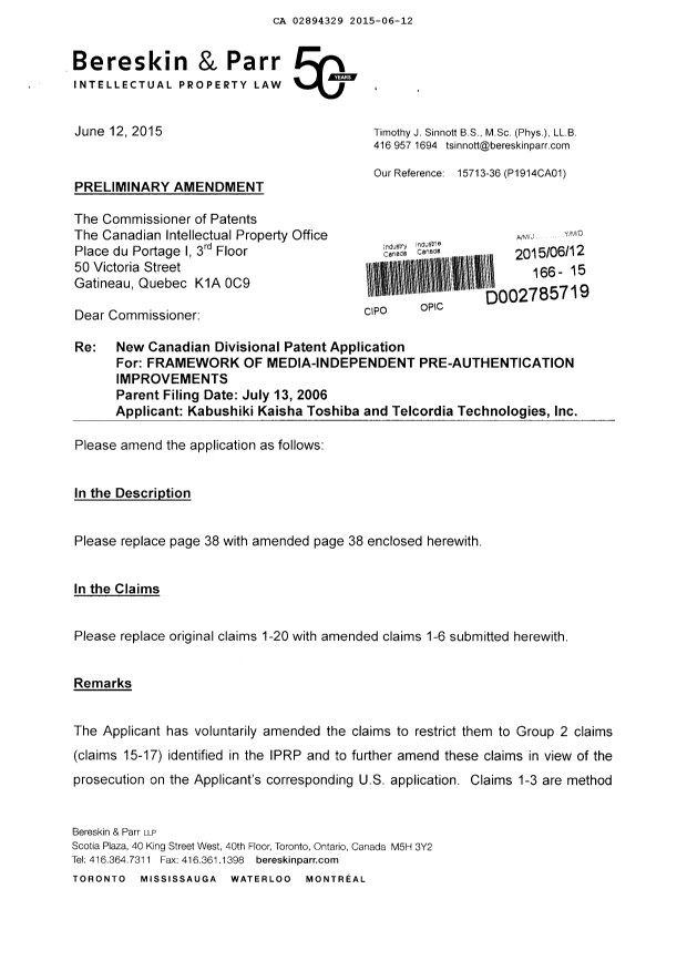 Document de brevet canadien 2894329. Poursuite-Amendment 20150612. Image 1 de 6