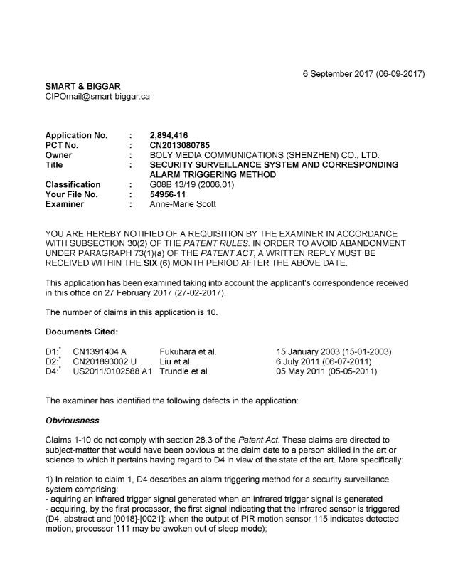 Document de brevet canadien 2894416. Demande d'examen 20170906. Image 1 de 4