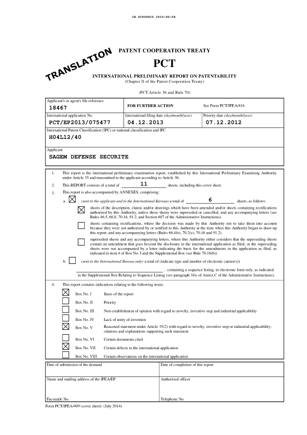 Document de brevet canadien 2894420. Rapport prélim. intl. sur la brevetabilité reçu 20150604. Image 1 de 26