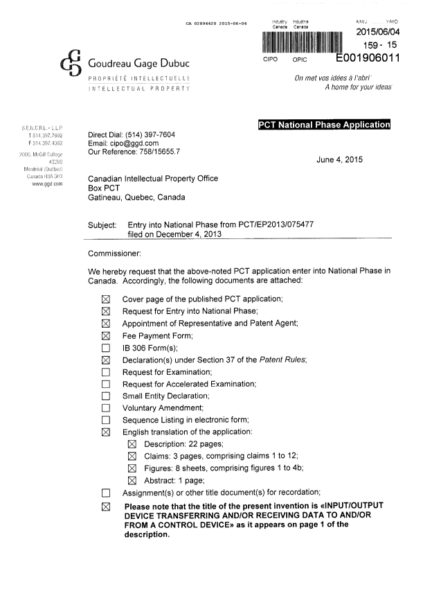Document de brevet canadien 2894420. Demande d'entrée en phase nationale 20150604. Image 1 de 5