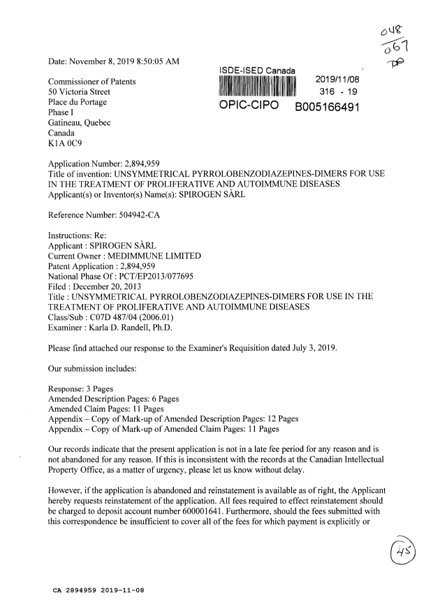 Document de brevet canadien 2894959. Modification 20191108. Image 1 de 45