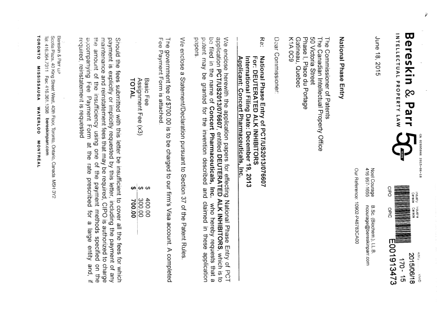 Document de brevet canadien 2895846. Demande d'entrée en phase nationale 20141218. Image 1 de 15