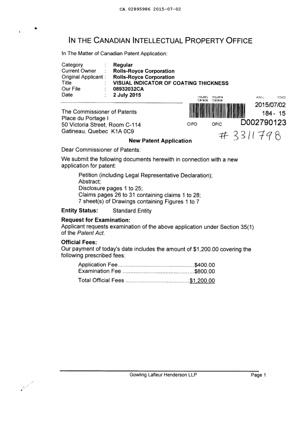 Canadian Patent Document 2895986. New Application 20150702. Image 1 of 3