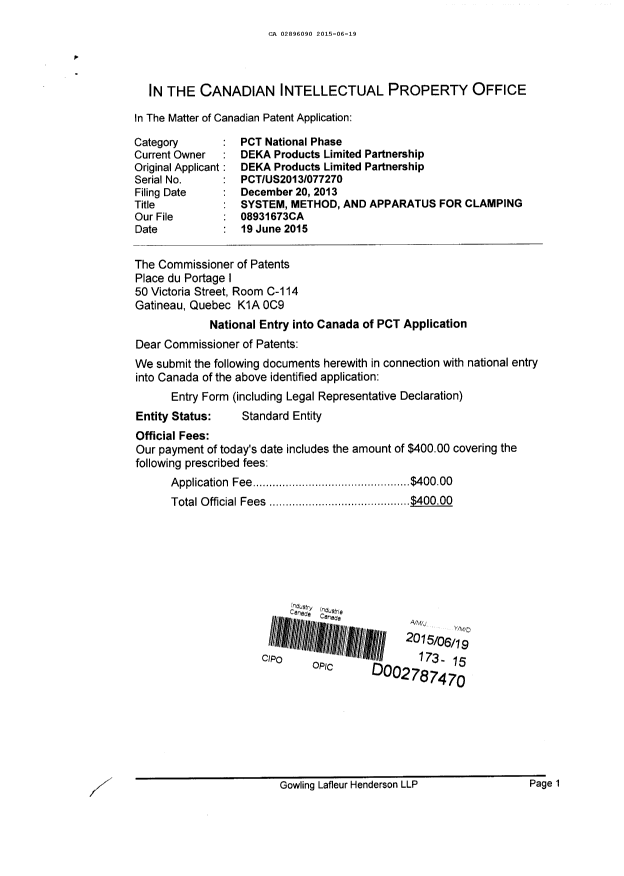 Canadian Patent Document 2896090. National Entry Request 20150619. Image 1 of 5