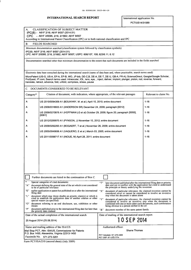 Canadian Patent Document 2896106. International Search Report 20150619. Image 1 of 1