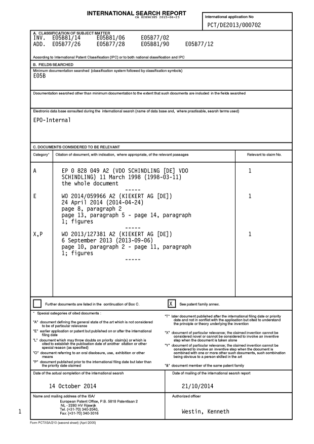 Document de brevet canadien 2896385. Rapport de recherche internationale 20150623. Image 1 de 2