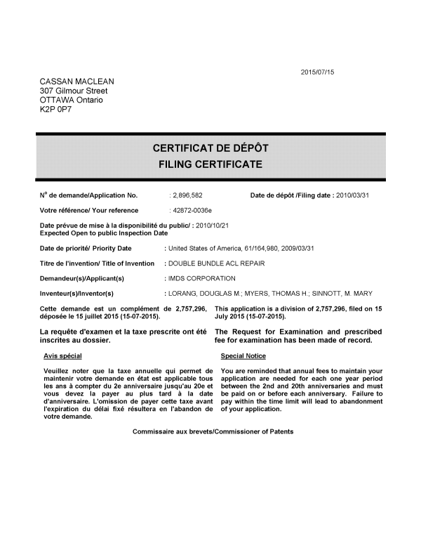 Document de brevet canadien 2896582. Complémentaire - Certificat de dépôt 20150715. Image 1 de 1