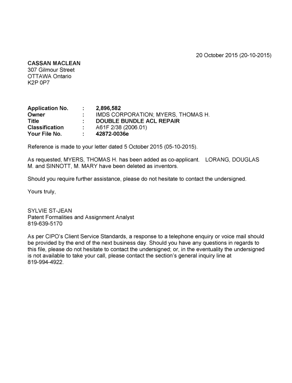 Document de brevet canadien 2896582. Lettre du bureau 20151020. Image 1 de 1