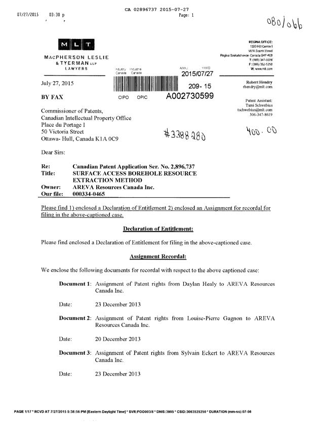 Document de brevet canadien 2896737. Correspondance 20141227. Image 1 de 4