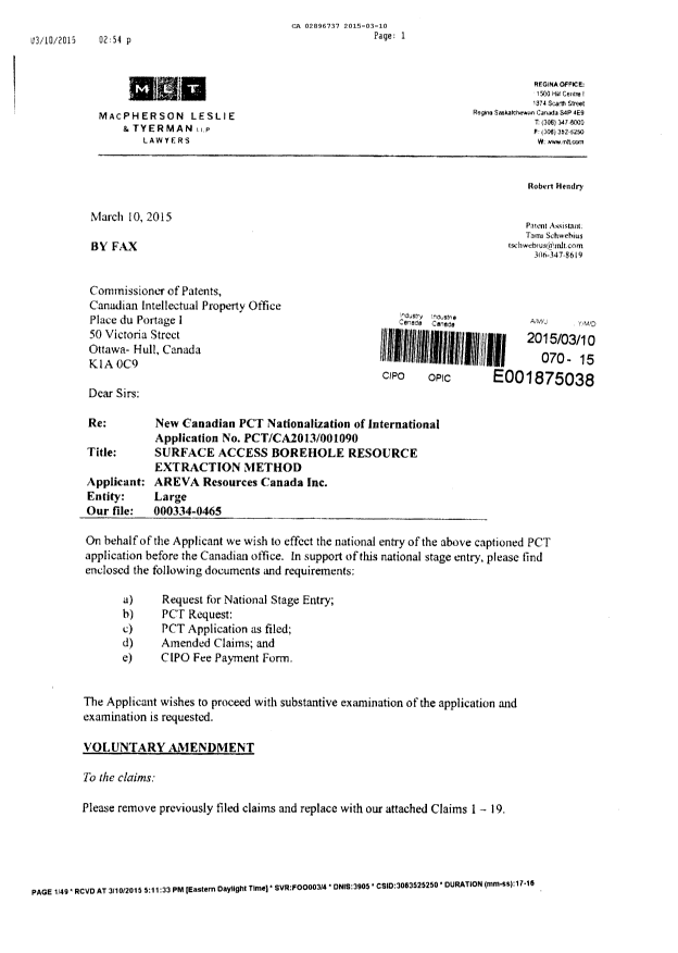 Document de brevet canadien 2896737. Modification volontaire 20150310. Image 1 de 4