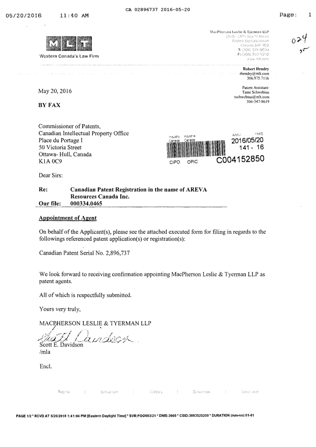 Canadian Patent Document 2896737. Correspondence 20151220. Image 1 of 2