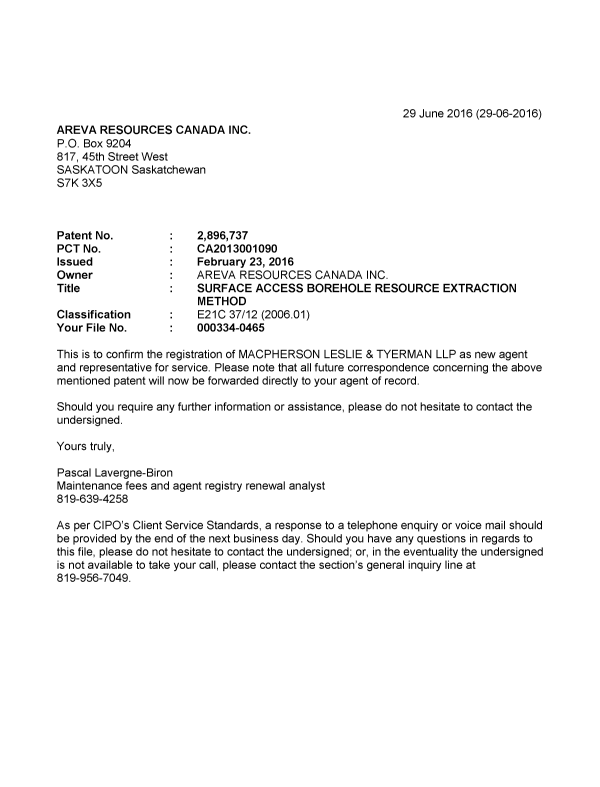 Document de brevet canadien 2896737. Correspondance 20151229. Image 1 de 1