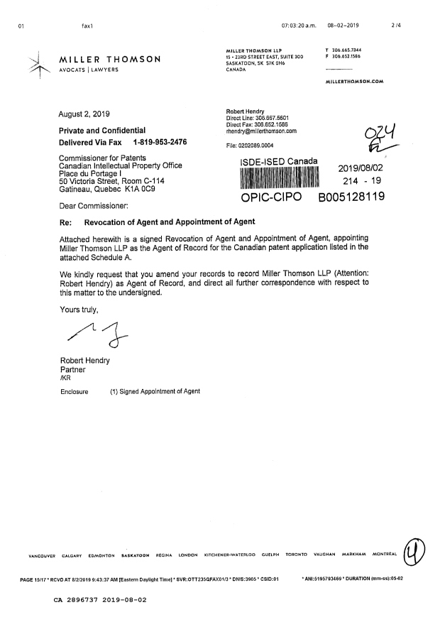 Document de brevet canadien 2896737. Changement de nomination d'agent 20190802. Image 1 de 4