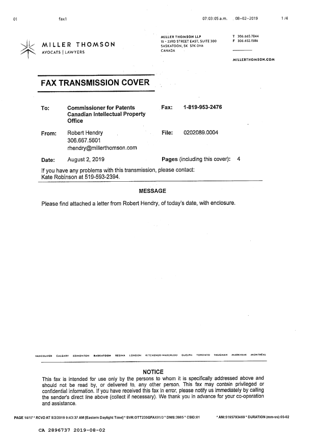 Document de brevet canadien 2896737. Changement de nomination d'agent 20190802. Image 4 de 4