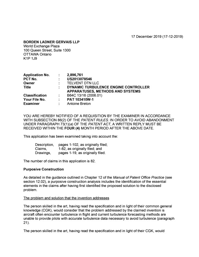Document de brevet canadien 2896761. Demande d'examen 20191217. Image 1 de 5
