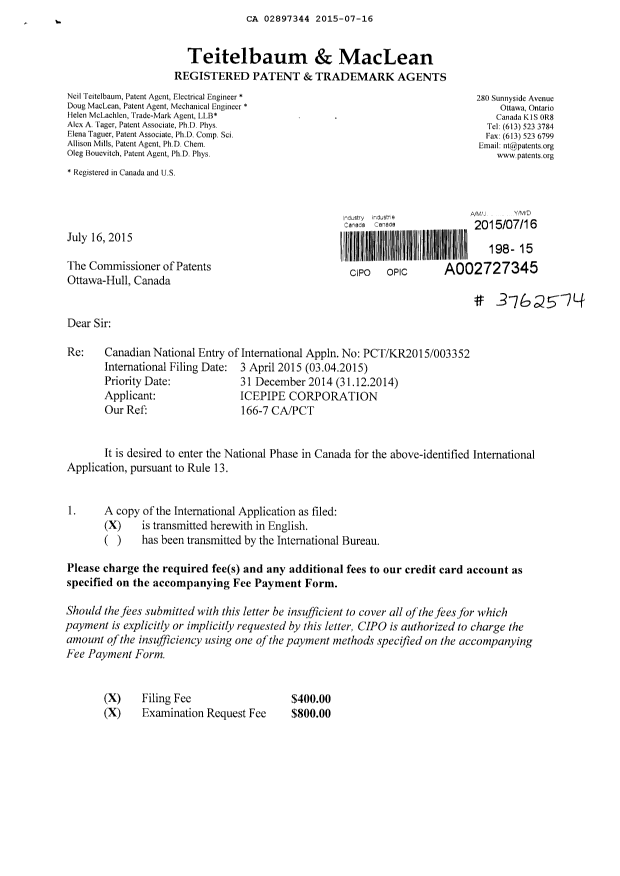 Document de brevet canadien 2897344. Demande non publiée 20150716. Image 1 de 4