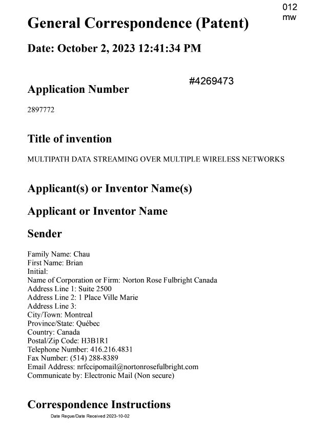 Document de brevet canadien 2897772. Taxe finale 20231002. Image 1 de 5