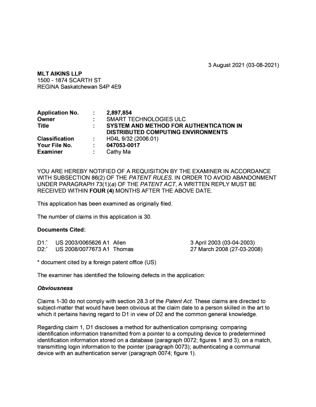 Document de brevet canadien 2897854. Demande d'examen 20210803. Image 1 de 5