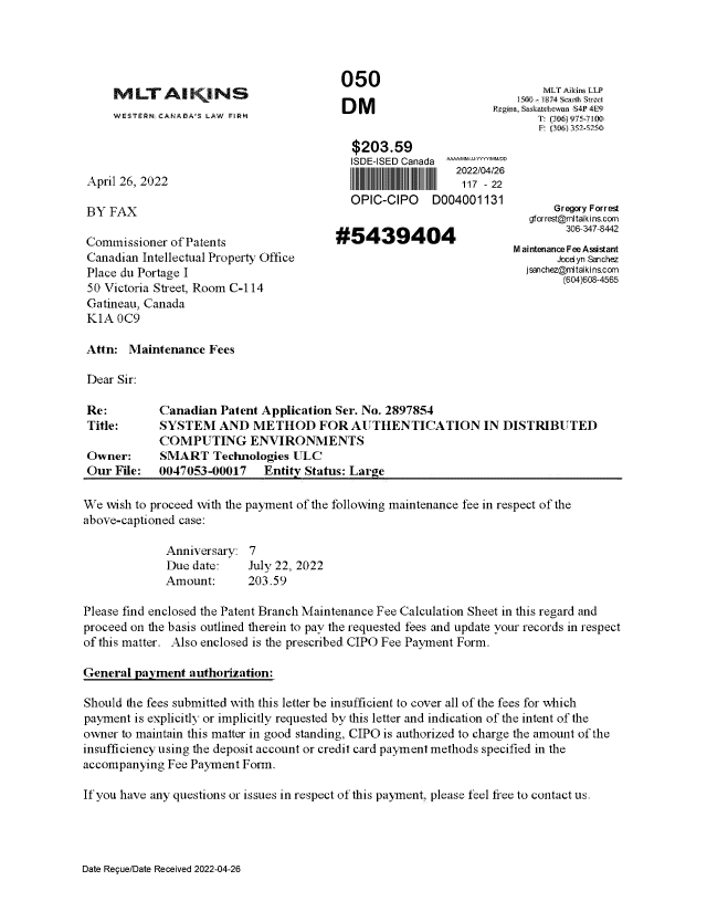 Canadian Patent Document 2897854. Maintenance Fee Payment 20220426. Image 1 of 3