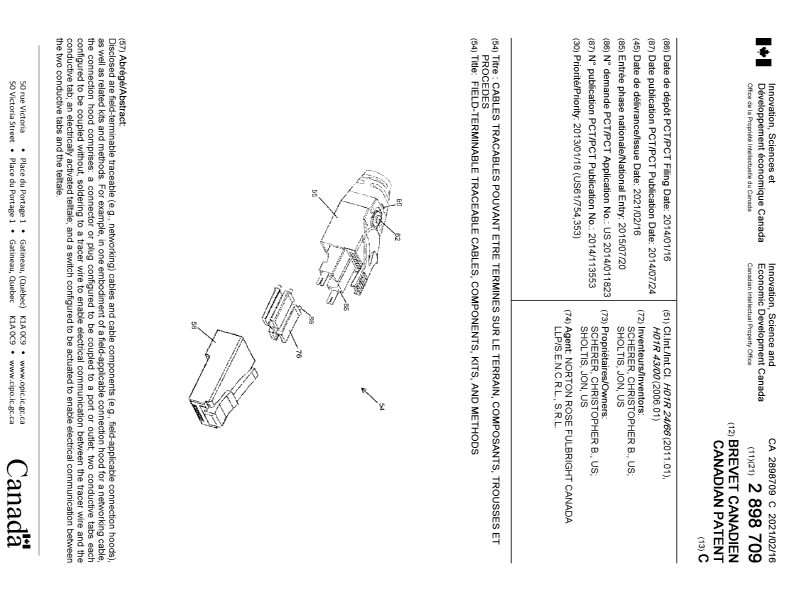 Canadian Patent Document 2898709. Cover Page 20210121. Image 1 of 1